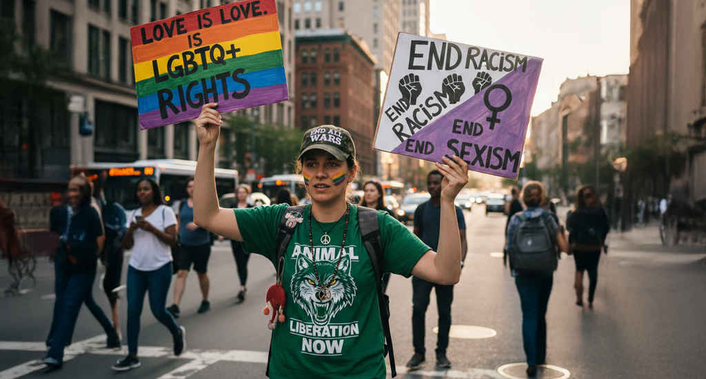 interseccionality vs. animal rights activism: an activist with messages from many social struggles