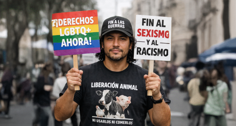 Interseccionalidad vs Activismo Antiespecista retratado en un activista portando mensajes de diversas luchas sociales.
