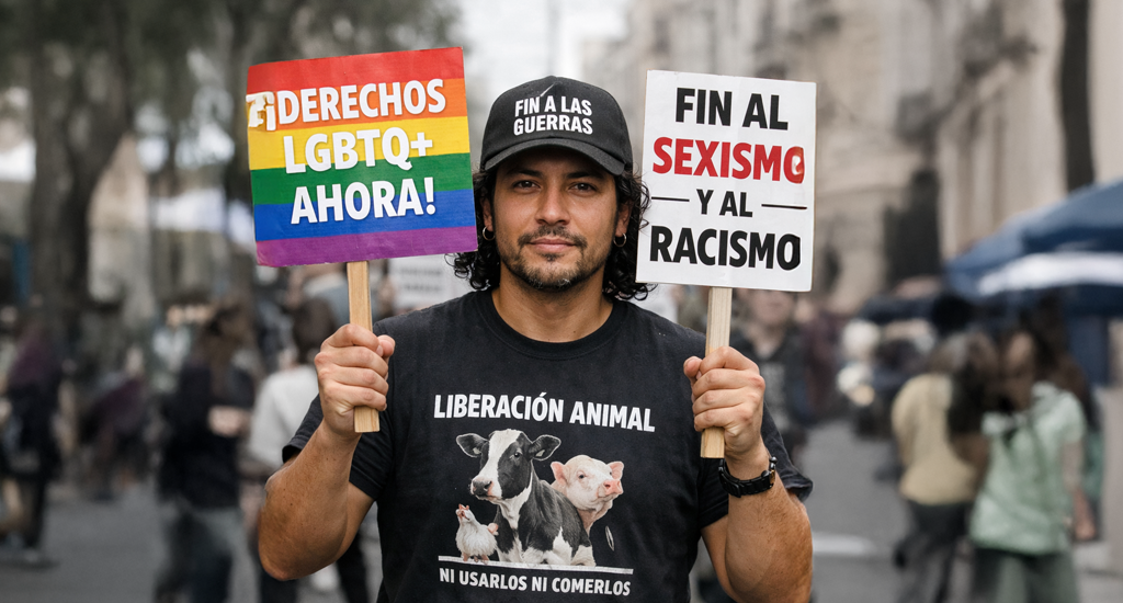Interseccionalidad vs Activismo Antiespecista retratado en un activista portando mensajes de diversas luchas sociales.