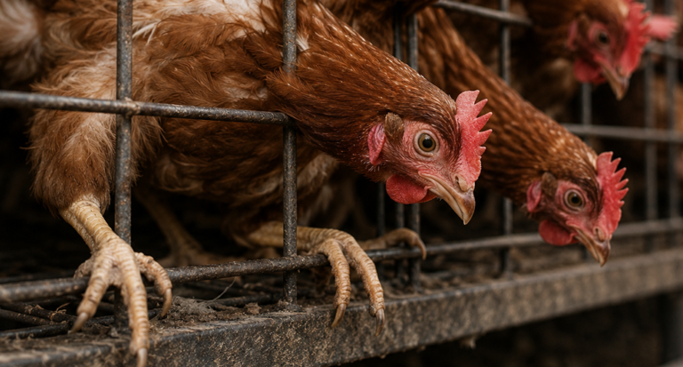 Hens trying to escape a cage